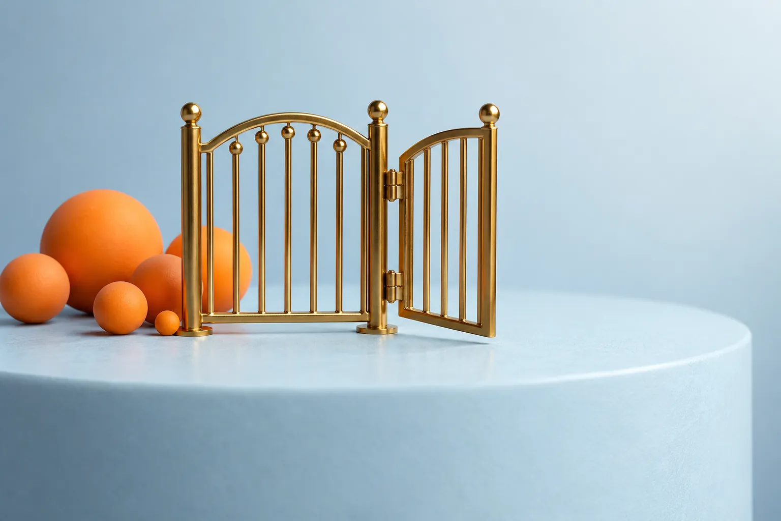 Miniature gold gate with an open panel beside orange spheres