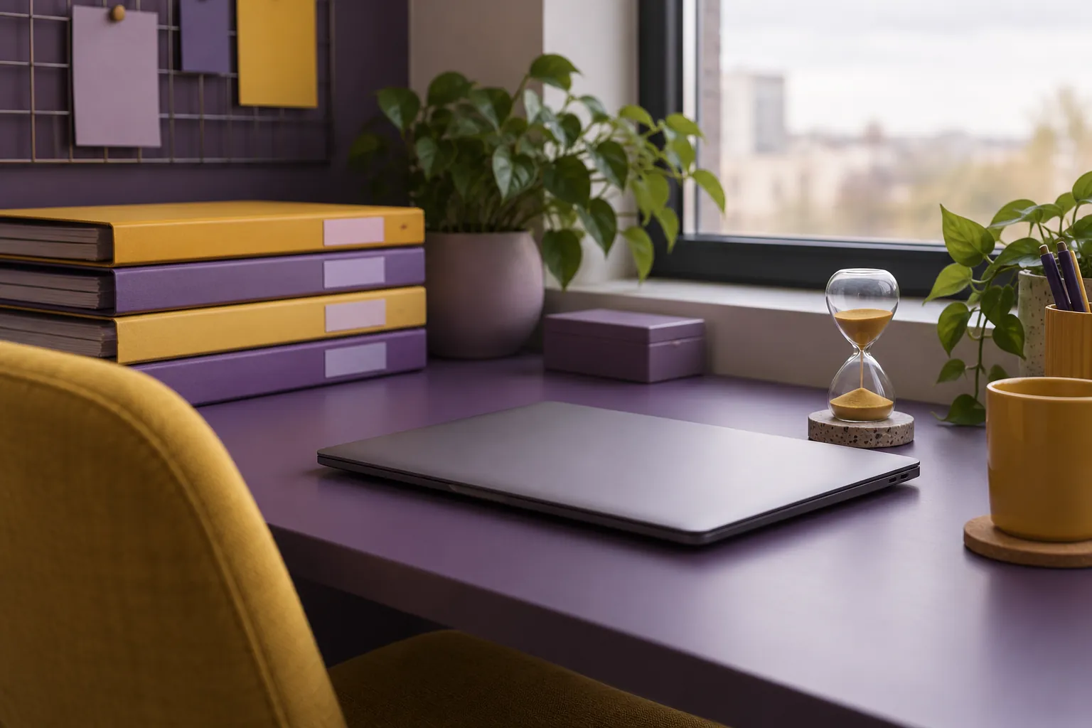 Purple workspace with a closed laptop, folders and hourglass
