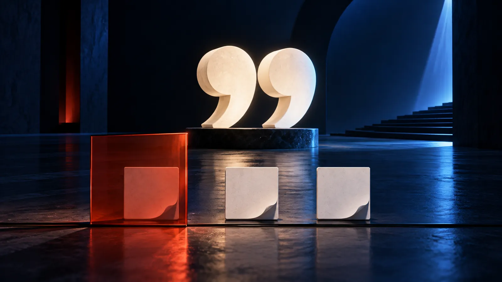 Conceptual illuminated quotation marks and a translucent screen representing search preview controls