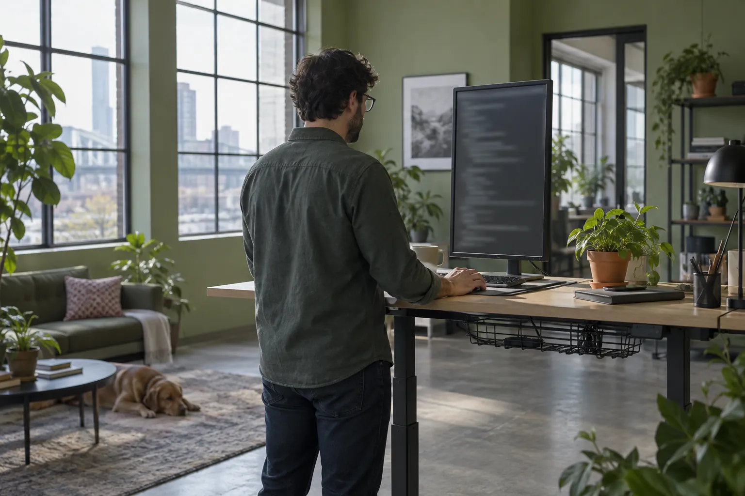 Illustrative developer reviewing a screen in a daylight office, with no real technical results shown