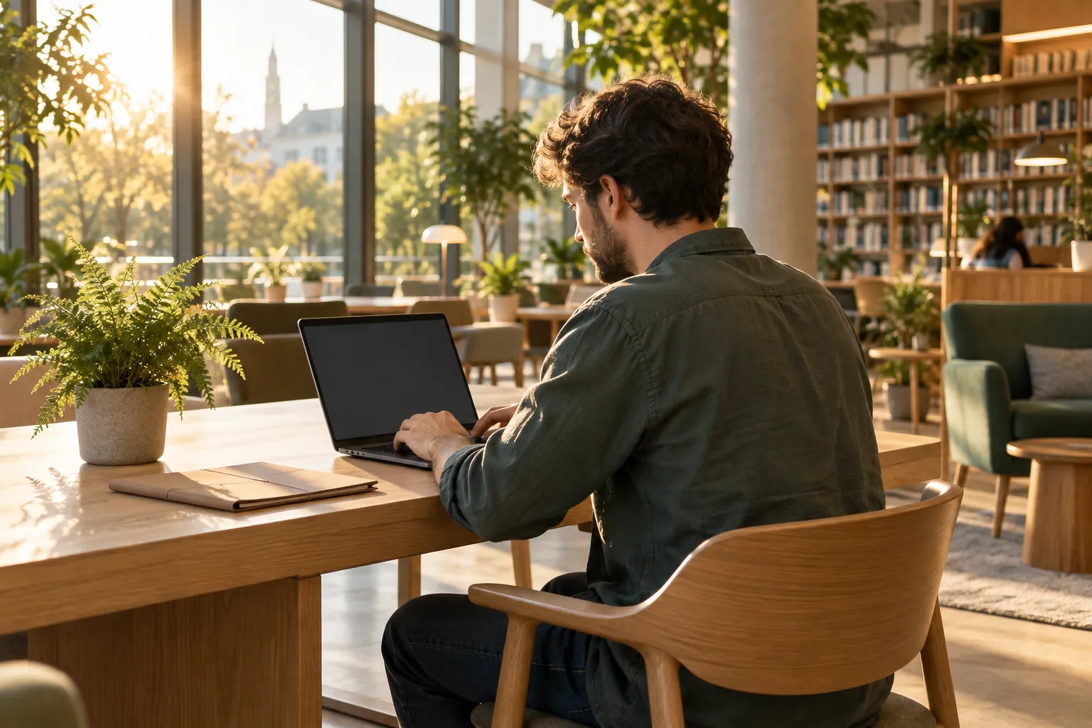 Illustrative developer working at a laptop in a sunlit workspace, with no visible analytics