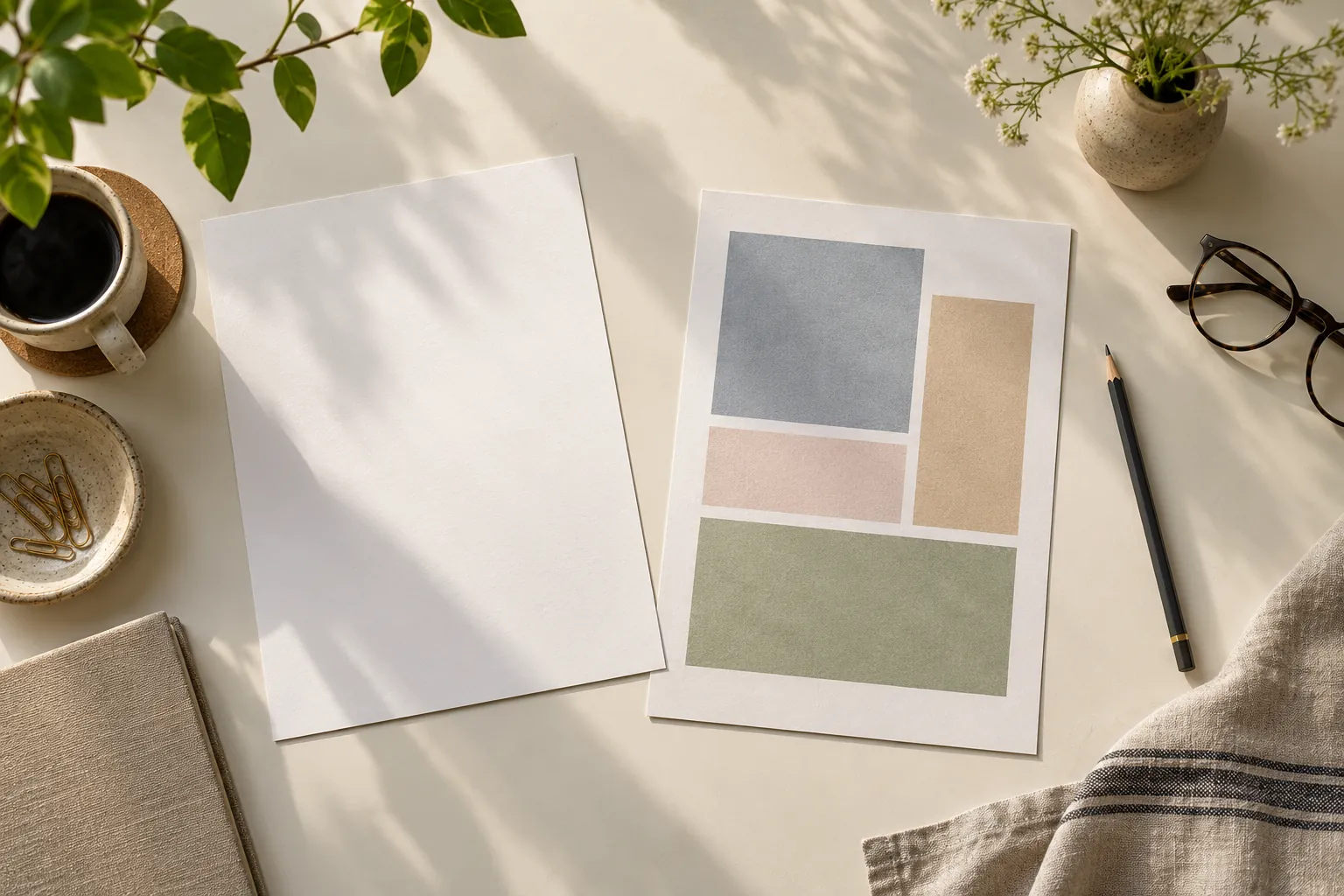 Blank sheet and colour-block page on a sunlit editorial desk