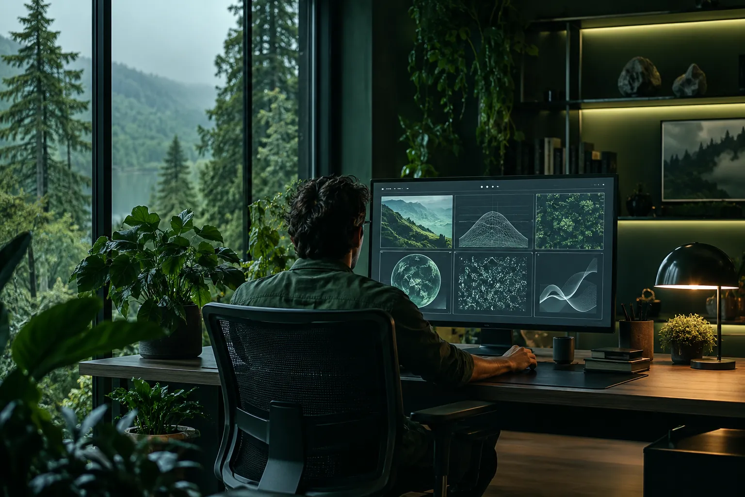 Person reviewing graphics on a monitor in a dark green office