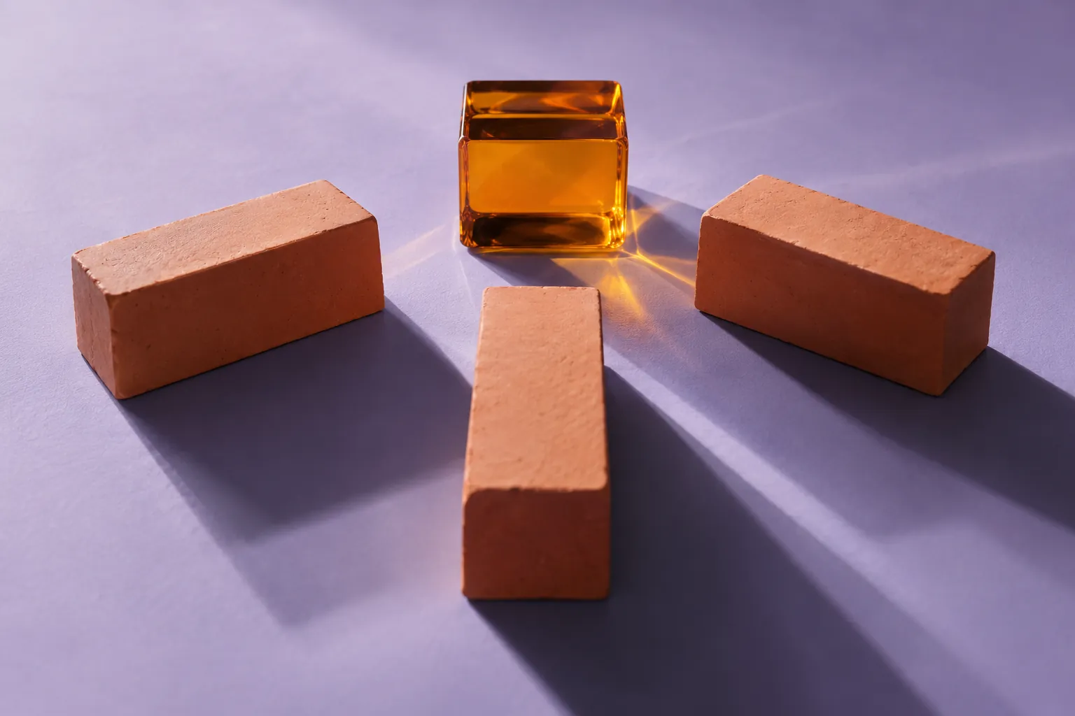 Terracotta blocks around an amber cube on lavender surface