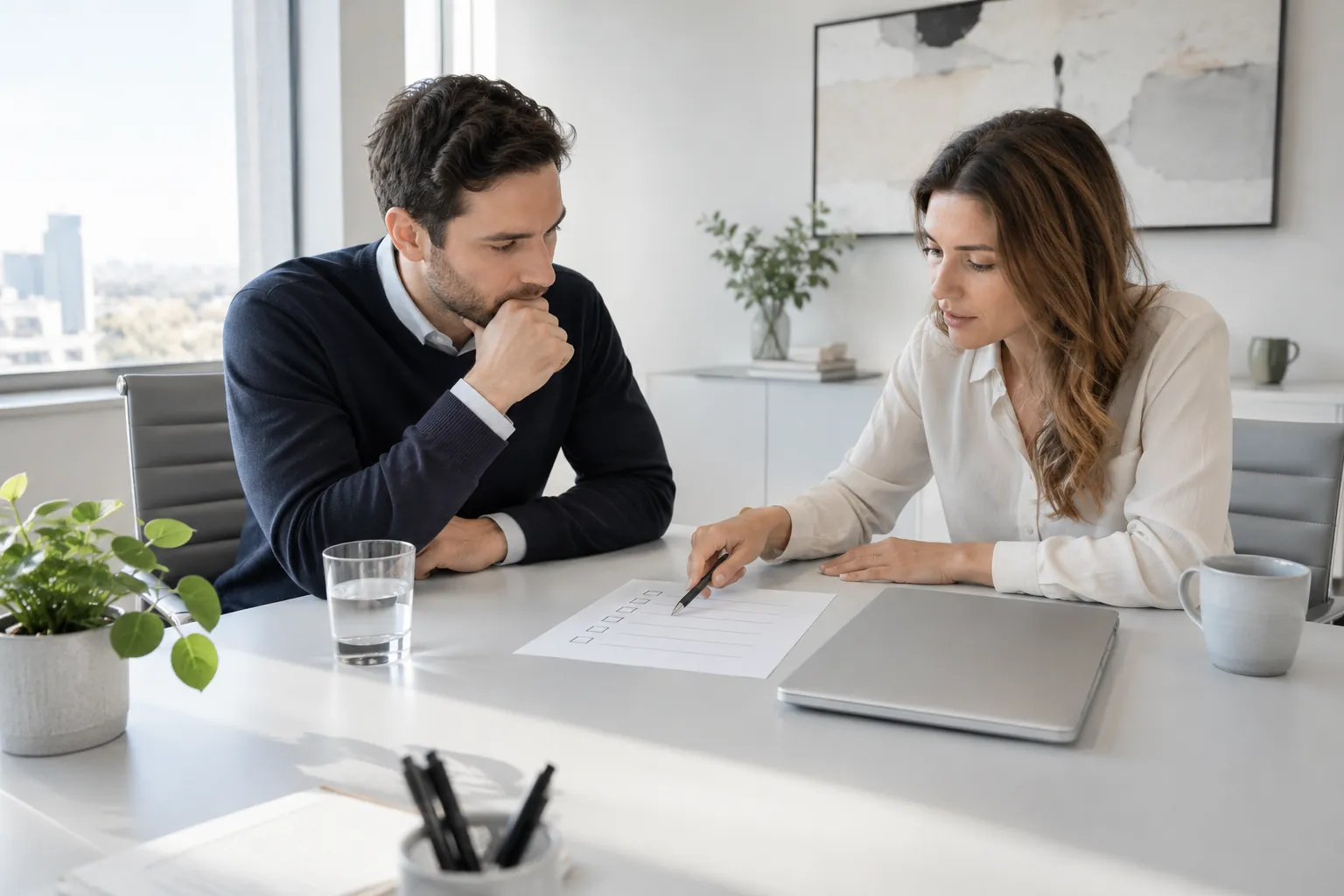 Two people reviewing a document in a bright office