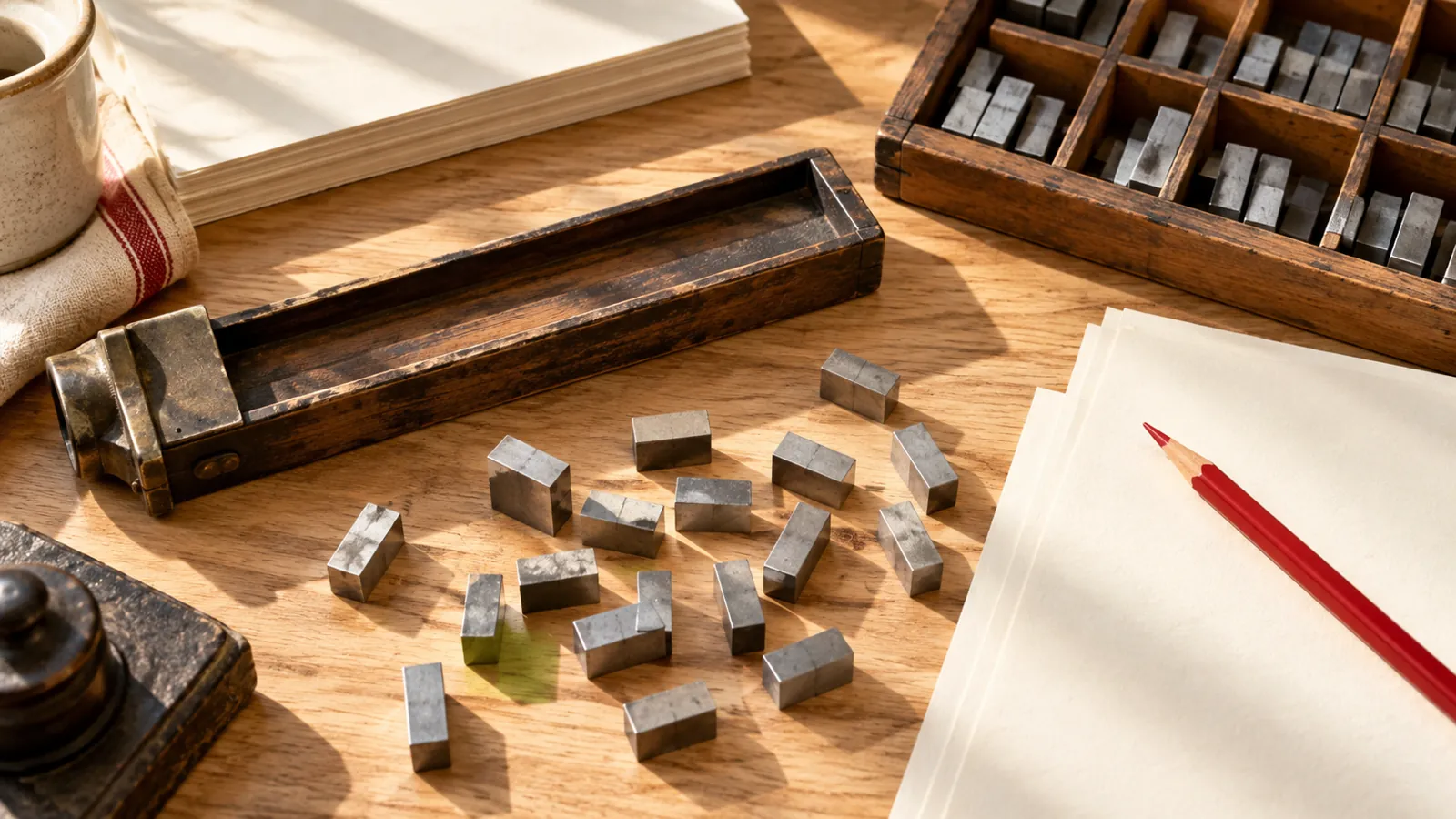 Conceptual print-editing tools and blank sheets representing concise, accurate page titles