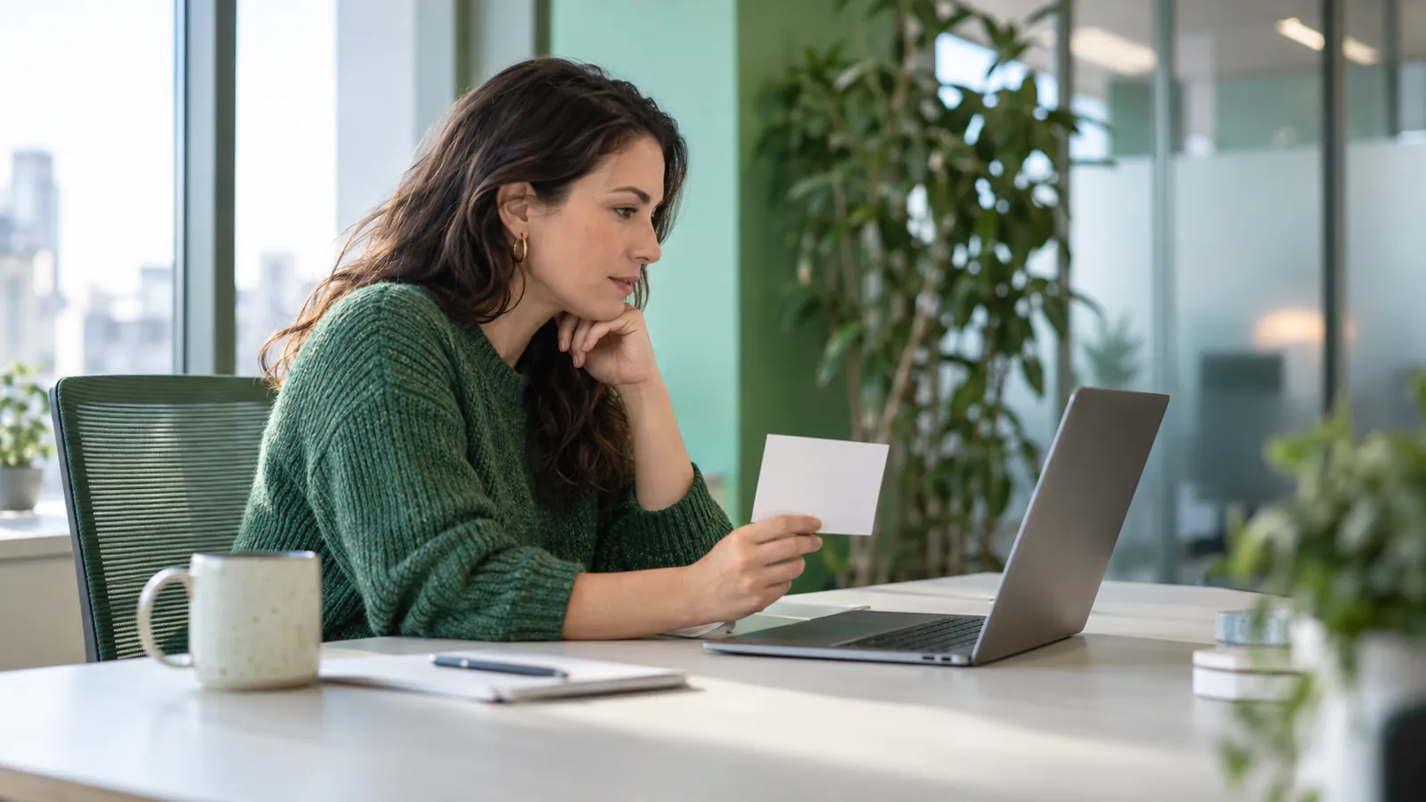 Illustrative consultant reviewing a laptop with no real search results or client performance data displayed