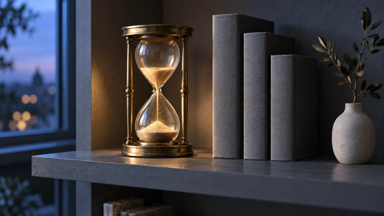 Conceptual hourglass and blank book spines representing time for recrawling, not a measured search update interval