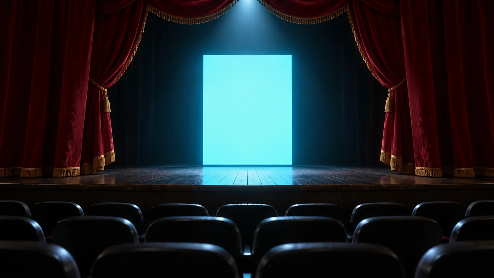Conceptual empty theatre with red curtains and a luminous cyan stage panel