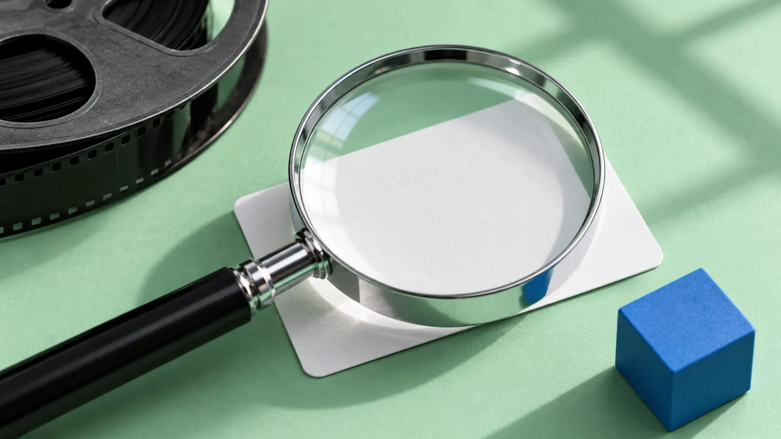 Conceptual magnifying glass over blank cards beside a film reel and blue cube