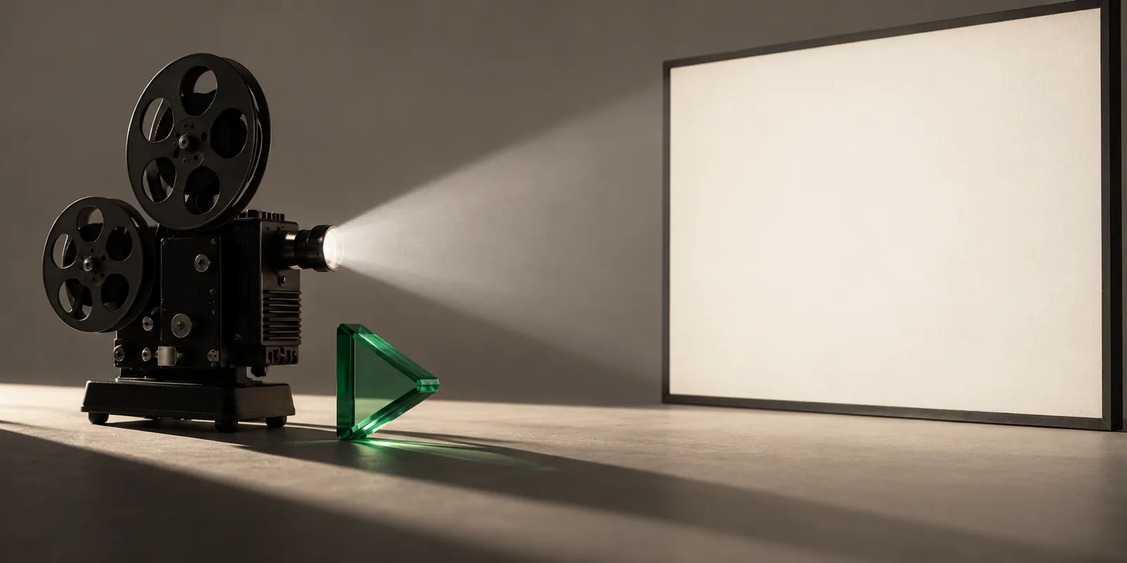 Conceptual projector casting light onto a blank screen beside a green glass prism