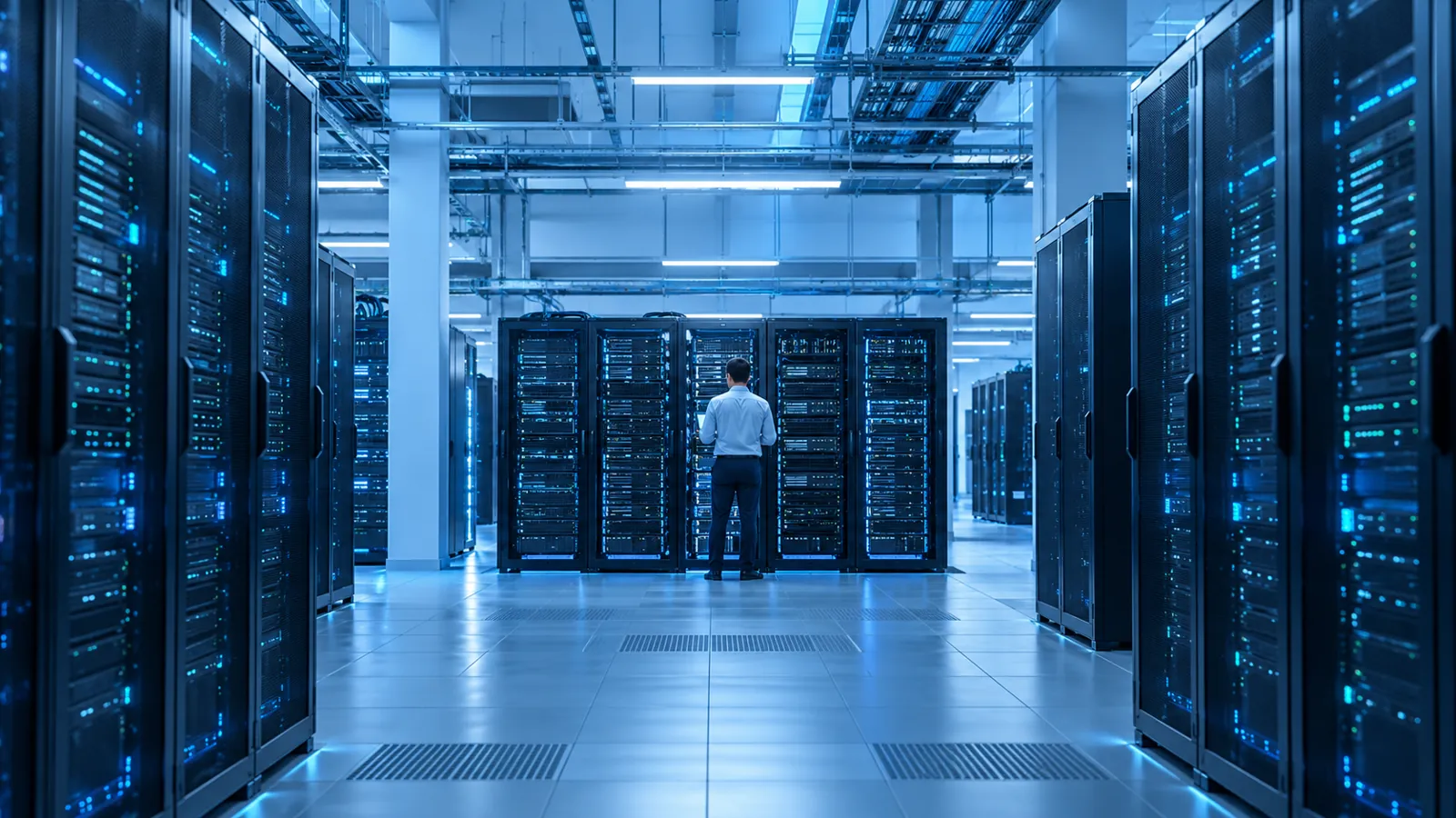 Anonymous engineer in a cool blue server room