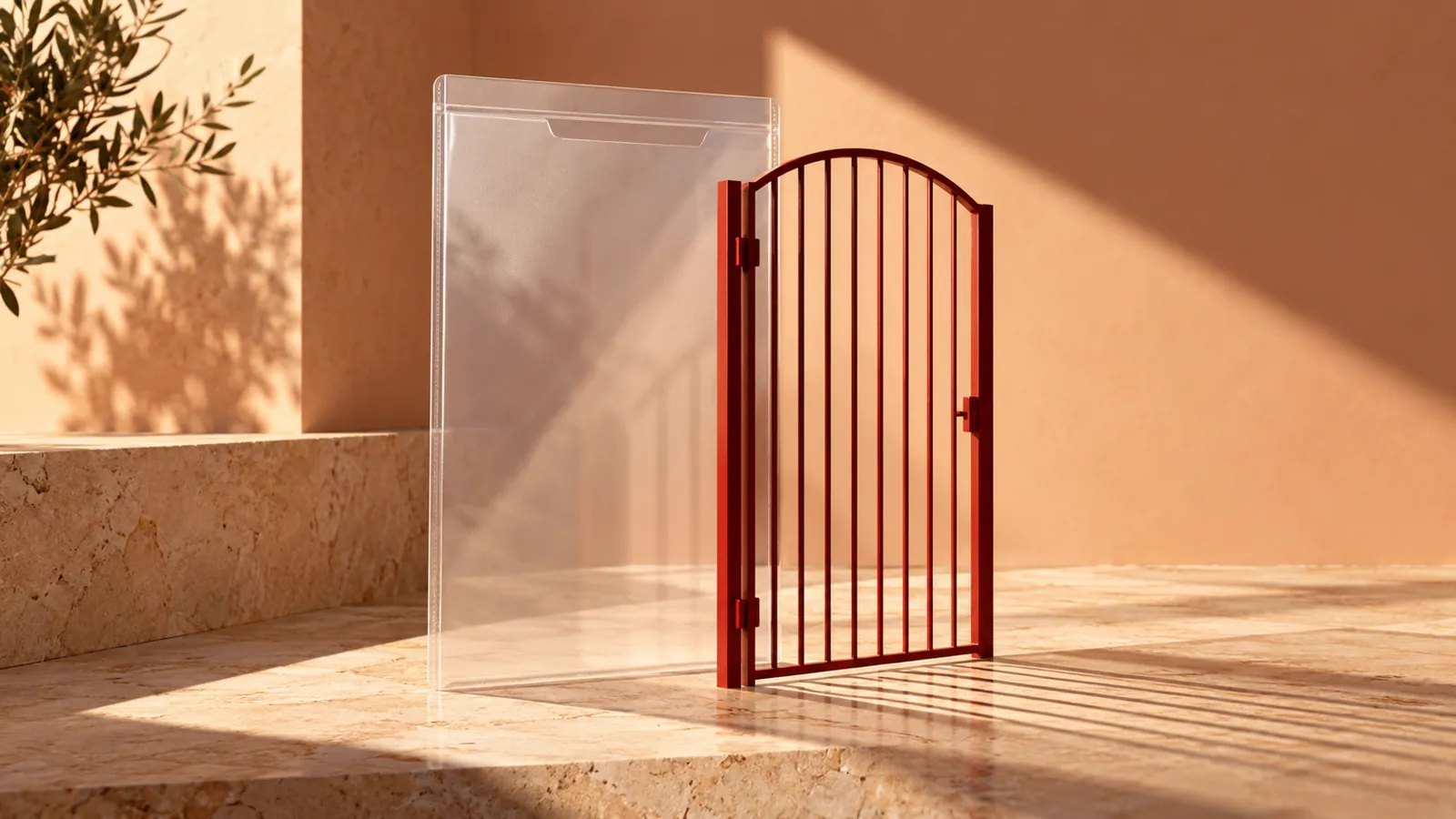 Conceptual red gate and transparent panel in a peach sunlit courtyard