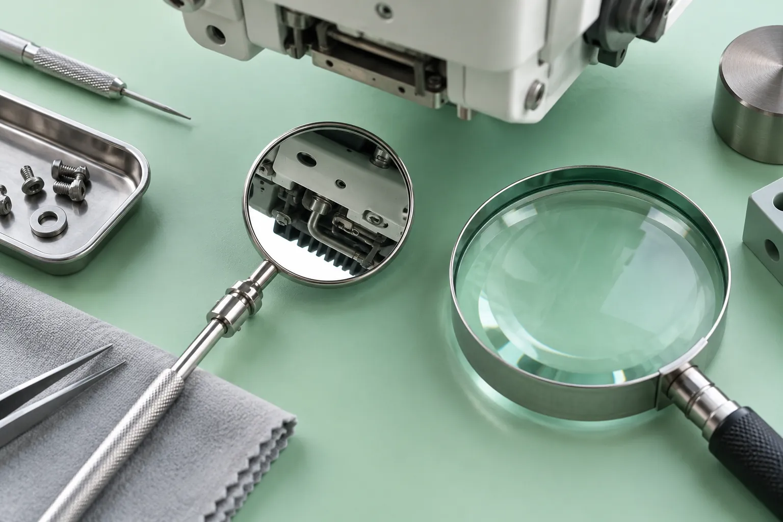 Inspection mirror and precision tools on a mint engineering workbench