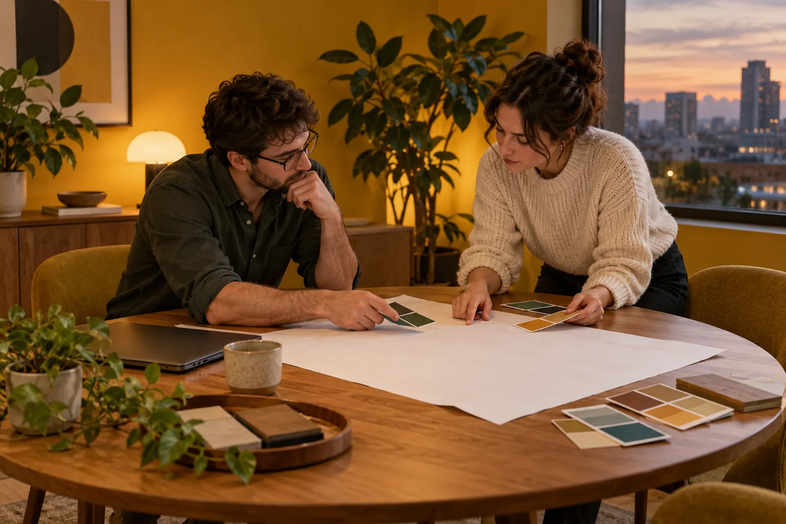 Two colleagues reviewing plans at a warm mustard-toned table