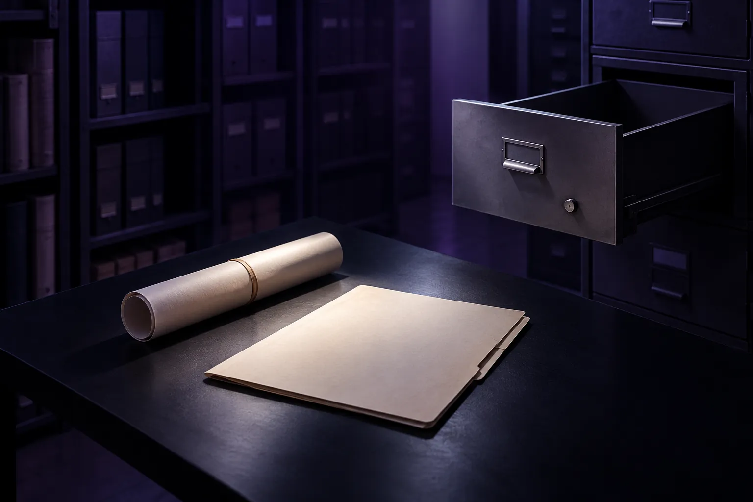 Violet archive room with a folder, rolled document and open drawer
