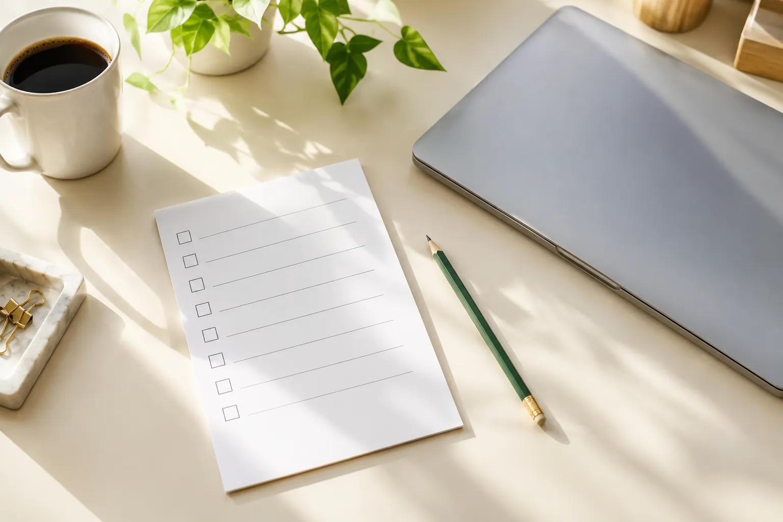 Blank sitemap review checklist beside a closed laptop
