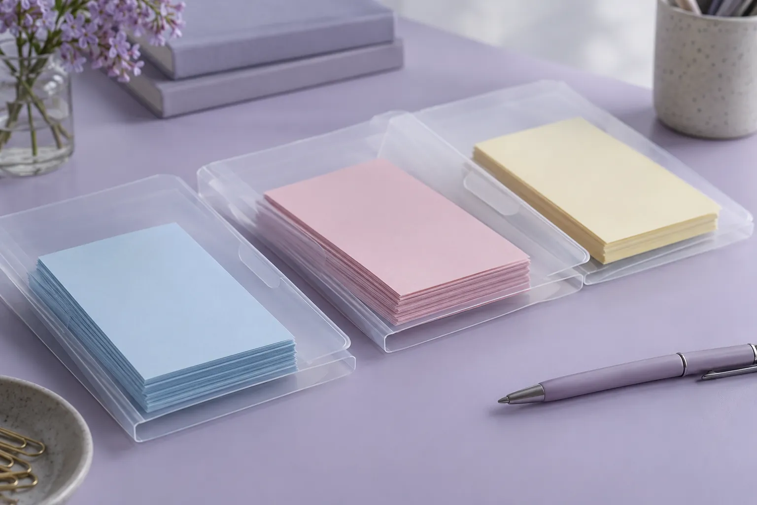 Clear folders containing separate stacks of coloured cards