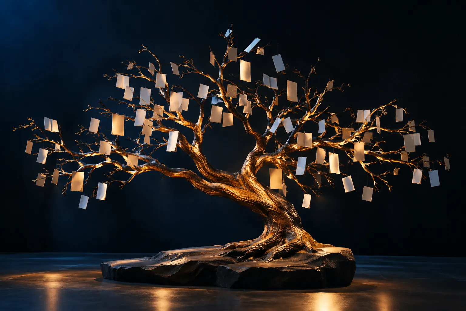 Illuminated branching sculpture with page-like tiles in a navy studio