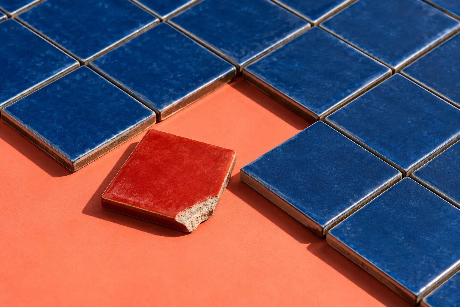 One damaged red tile set apart from an orderly blue grid