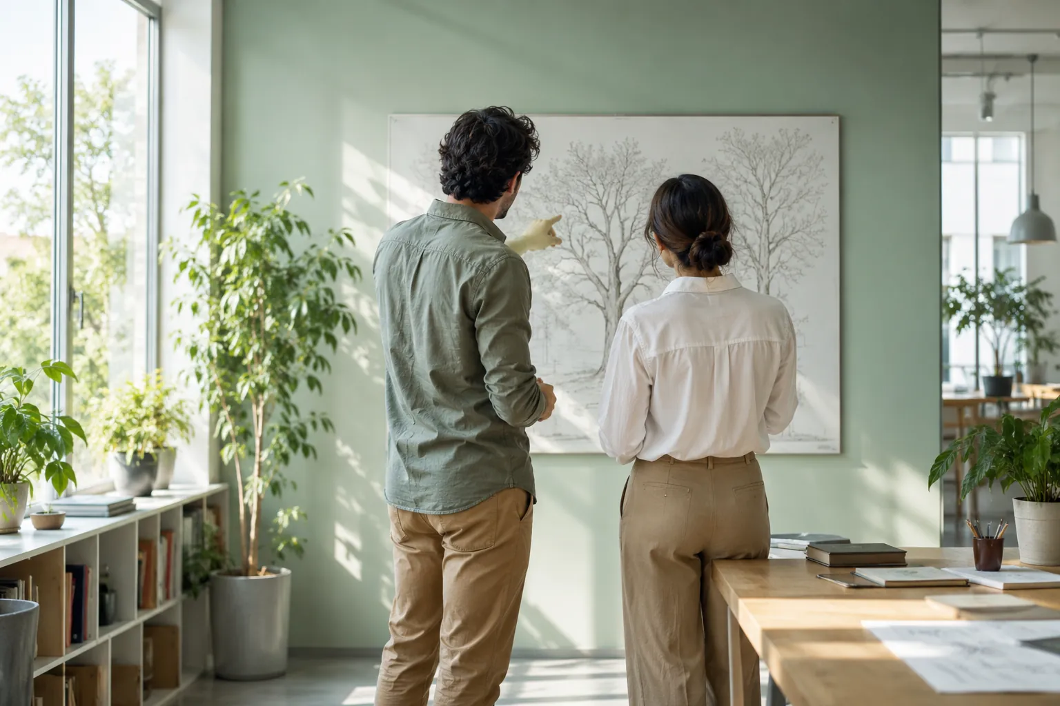Team reviewing a conceptual branching diagram in a mint office