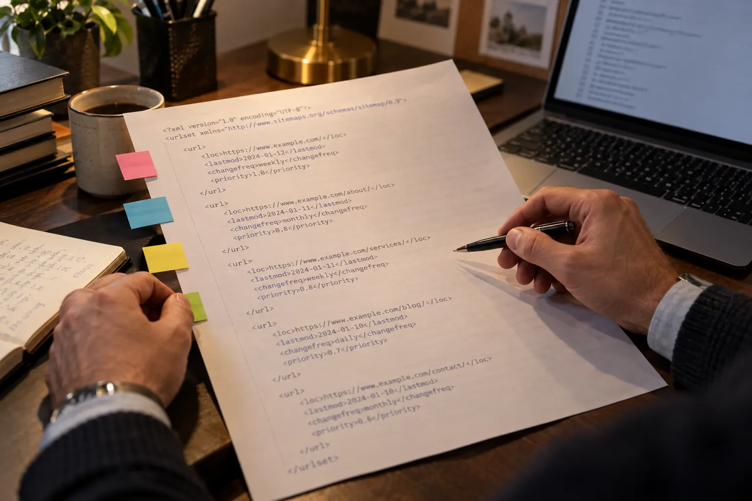 Analyst reviewing a printed sitemap beside a laptop