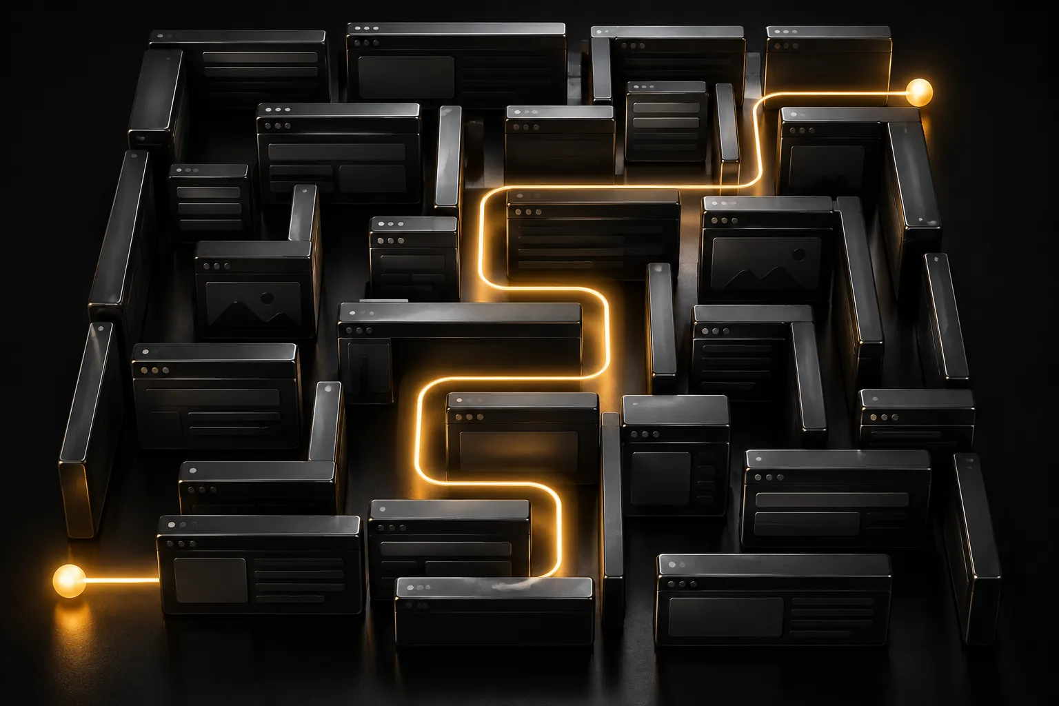 Amber route through a dark maze of abstract webpage blocks