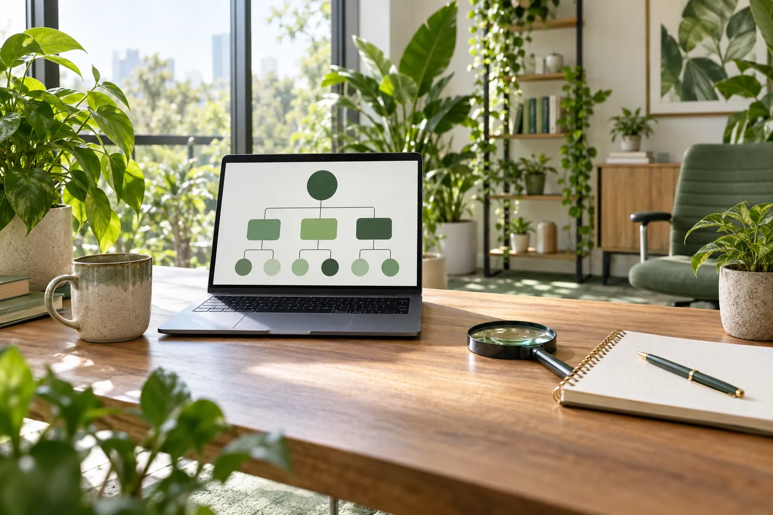 Laptop with abstract site architecture diagram in a bright office